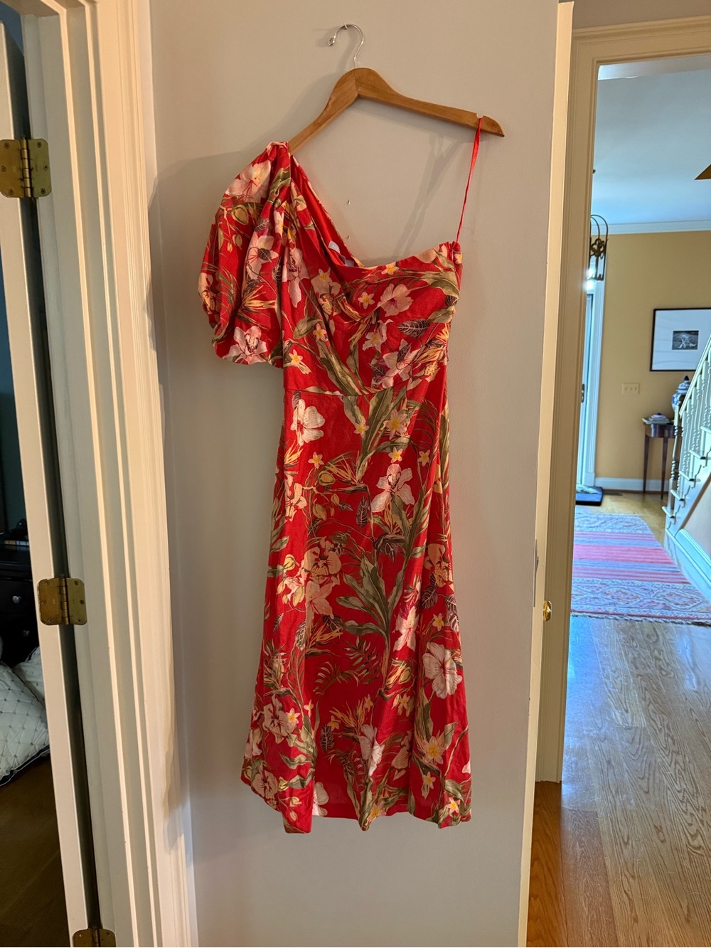 ANTONIO MELANI Red One-Shoulder Floral Midi Dress